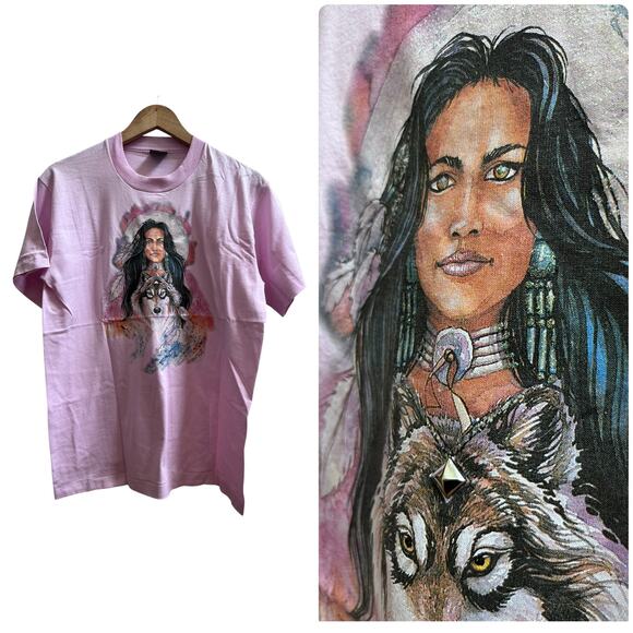 Fruit of the Loom Best Jan Taylor Native American Woman Wolf Print Tee Medium - Picture 1 of 10